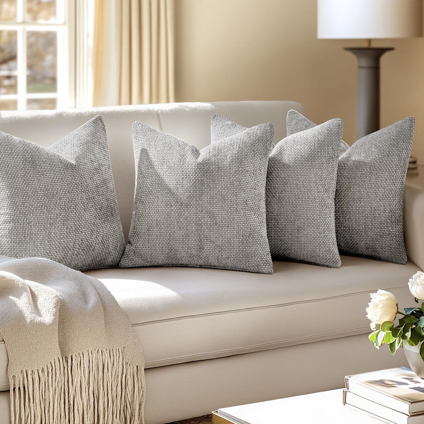 MIULEE Pack of 4 Couch Throw Pillow Covers 18x18 Inch Light Gray Soft Decorative Chenille Pillow Covers Farmhouse Accent Cushion Covers for Boho Home Decor Sofa Bedroom Living Room