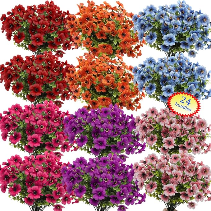24 Bundles Artificial Flowers for Outdoors Fake Flowers UV Resistant Faux Plastic Plants Garden Porch Window Home Indoor Decoration Mixed Color