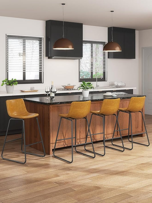 Bar Stools Set of 6, 26 Inches Counter Height Bar Stools with Back, Modern Faux Leather Barstools with Metal Legs and Footrest, Bar Chairs for Kitchens Island (Whiskey Brown)