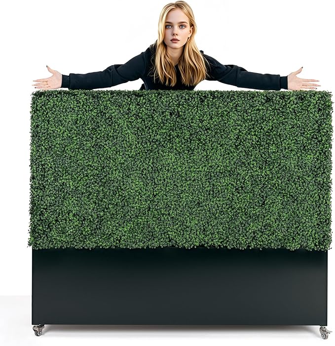 Artificial Boxwood Hedge Divider Wall with Black 201 Stainless Steel Planter Box (60" L X 48" H X 14" D)