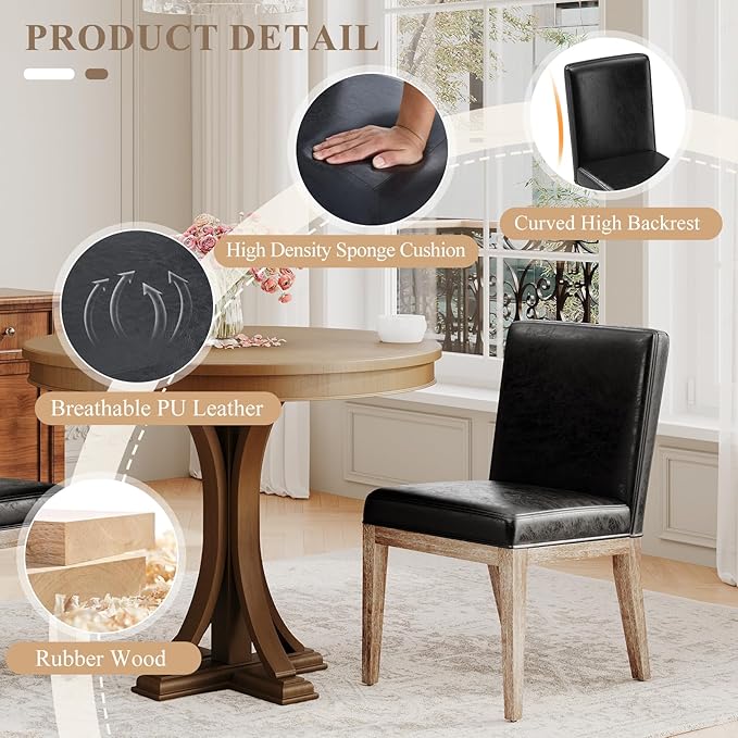 Wooden Dining Chairs Set of 6, Modern Leather Upholstered Dining Room Chair, Kitchen Side Chairs, Farmhouse Dinner Chair with High Back for Kitchen, Black