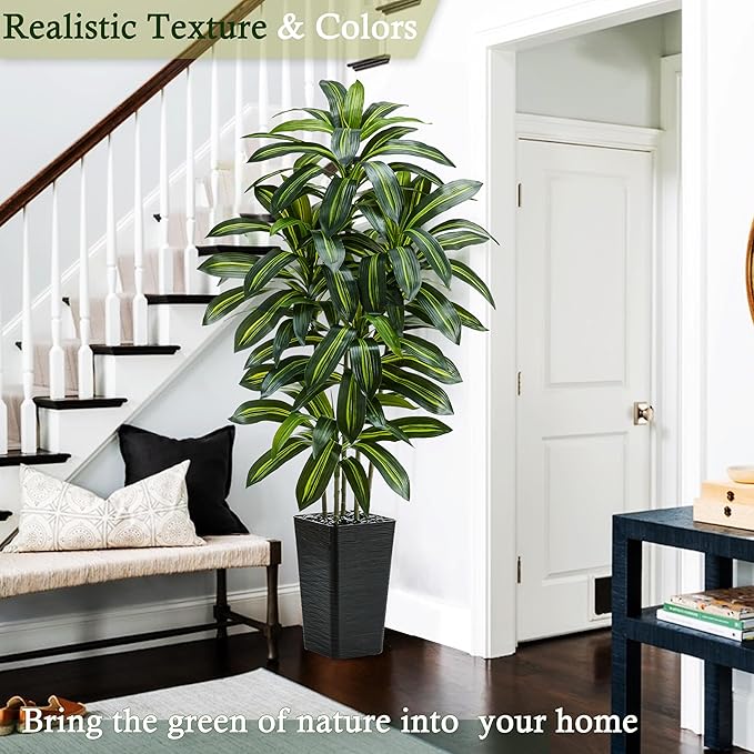 Artificial Dracaena Tree：5FT Faux Silk Tropical Yucca Floor Trees Realistic Fake Green Plant with Natural Wood Trunk & Lifelike Leaves for Home Office Decor Indoor & Outdoor (5FT,1-Pack,Black)