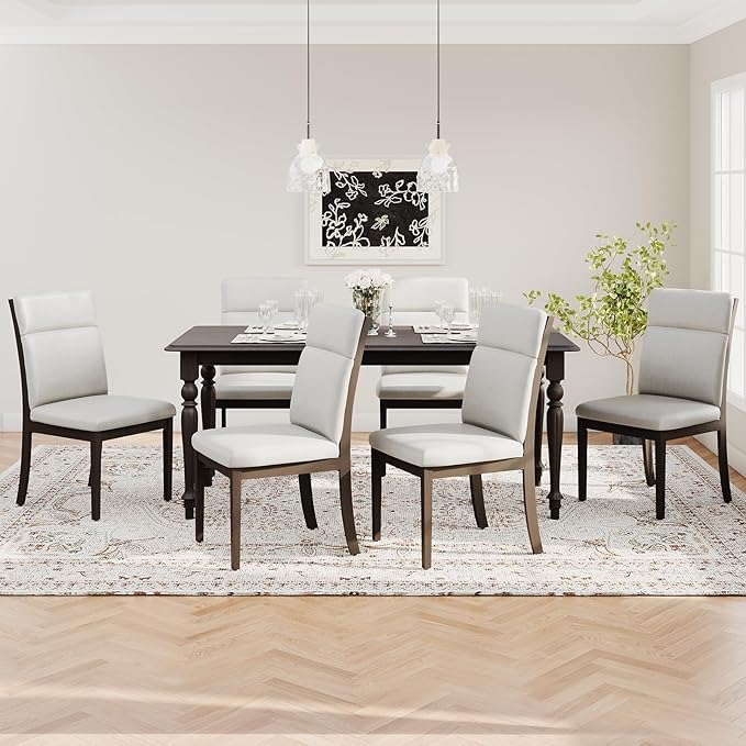 COLAMY Wooden Dining Chairs Set of 6, Modern Fabric Upholstered Kitchen Side Chairs, Farmhouse Ladder High Back Dining Room Chair with Foot Pegs - White