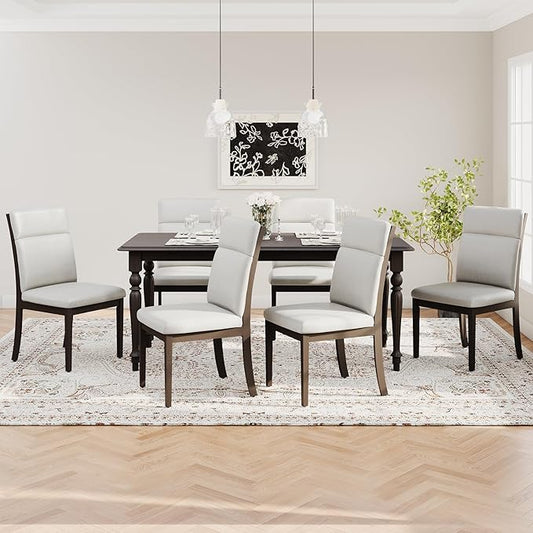 COLAMY Wooden Dining Chairs Set of 6, Modern Fabric Upholstered Kitchen Side Chairs, Farmhouse Ladder High Back Dining Room Chair with Foot Pegs - White