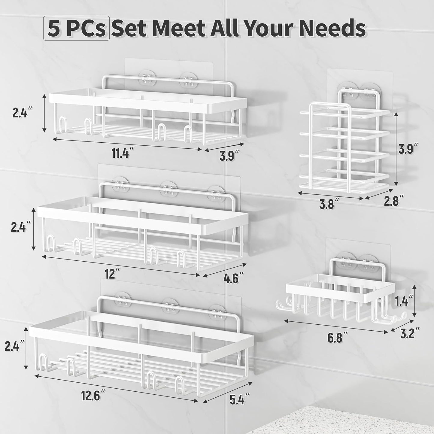 5 Pack Shower Caddy Organizer Rack Shelf for Inside Shower, Self Adhesive Wall Storage Basket Rustproof Stainless Steel Shampoo Holder Bathroom Accessory Decor Set, White