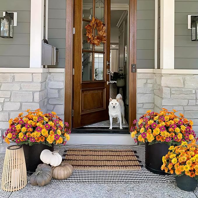 Fake Mums Fall Artificial Flowers for Outdoor Decoration, 6 Bundles Faux Silk Daisy Flowers Realistic UV Resistant No Fade Fall Fake Plants for Home Patio Porch Garden Window Box Decor(Purple Orange)