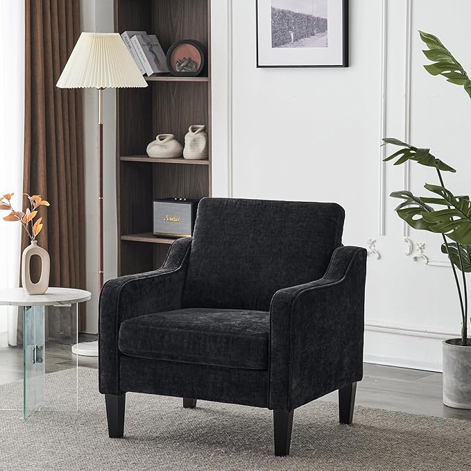 VINGLI Mid Century Modern Accent Chairs - Soft Chenille Upholstered Arm & Side Chairs for Living Room & Reading (Black Chenille)