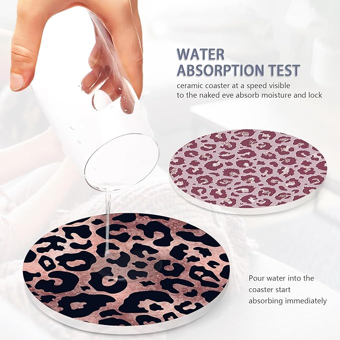 Drink Coasters Set of 6 with Holder, Leopard Print Pink Absorbent Ceramic Coasters with Cork Base,Fit All Cups,Great Gift for Housewarming,Room Decor,Bar,Holiday Party