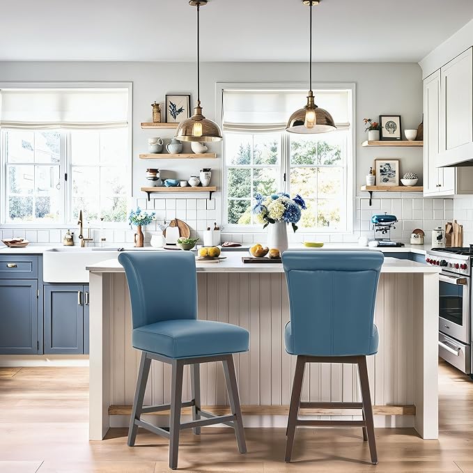 CHITA 26 Inch Counter Height Swivel Bar Stools Set of 2, FSC Certified Modern Upholstered Faux Leather Swivel Barstool Chair with Back, Blue