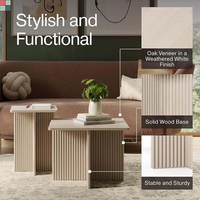 Square Fluted Nesting Coffee Table Set - Weathered White Square Top & Fluted Oak Base - Wood Grain Veneer Top, Stable on Uneven Floors & Easy Assembly - Living Room Table Set