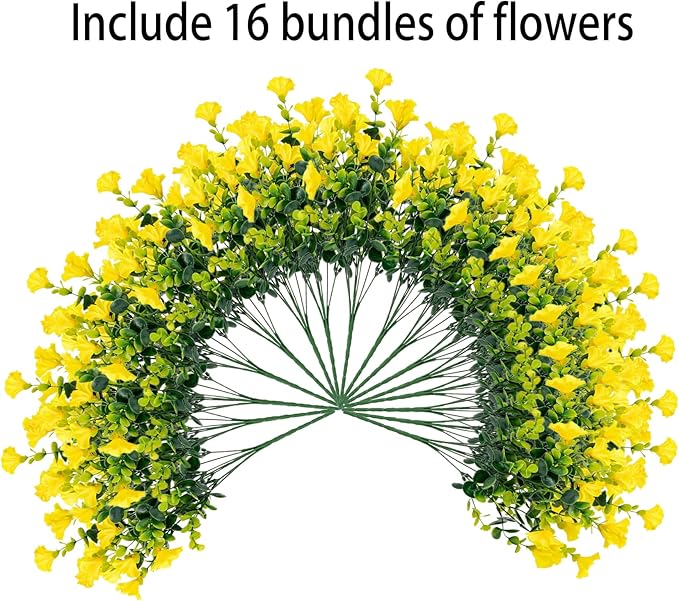 Artificial Outdoor Flowers 16 Bundles Fake Morning Glory Flower Outdoor UV Resistant Plastic Faux Flowers Plants for Decoration Indoor Outdoor Hanging Window Box Planter Home Porch Decor (Yellow)