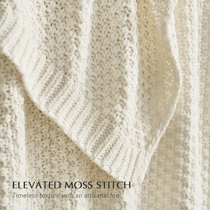 EVERGRACEHOME Chunky Chenille Knit Throw Blanket for Couch, Soft Luxurious Moss Stitch Blankets for Bed, Cozy Decorative Farmhouse Knitted Throws for Sofa, Ivory White, 60" x 80"