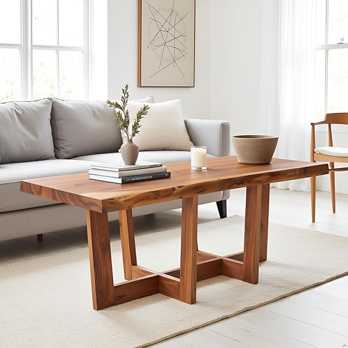 Berkshire 42-Inch Live Edge Coffee Table – Handcrafted Solid Acacia Wood in Minimalist Design and Natural Finish with Cross-Braced Wood Legs and Floor Protectors – Modern Living Room Furniture