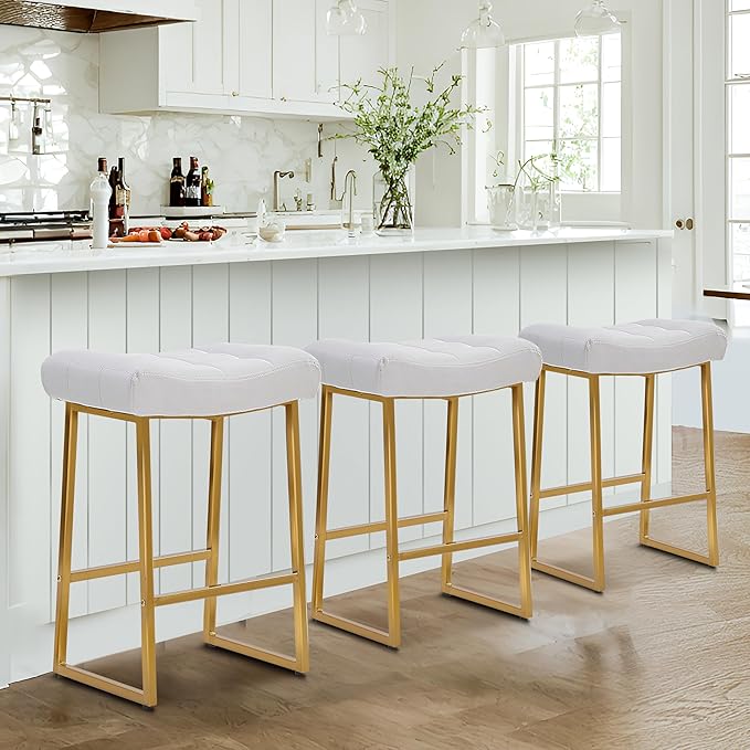White & Gold Counter Height Bar Stools Set of 3 for Kitchen Counter Modern Backless Barstools with Upholstered Faux Leather Seat and Metal Frame Industrial 24 inch Bar Chairs