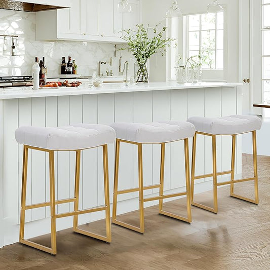 White & Gold Counter Height Bar Stools Set of 3 for Kitchen Counter Modern Backless Barstools with Upholstered Faux Leather Seat and Metal Frame Industrial 24 inch Bar Chairs