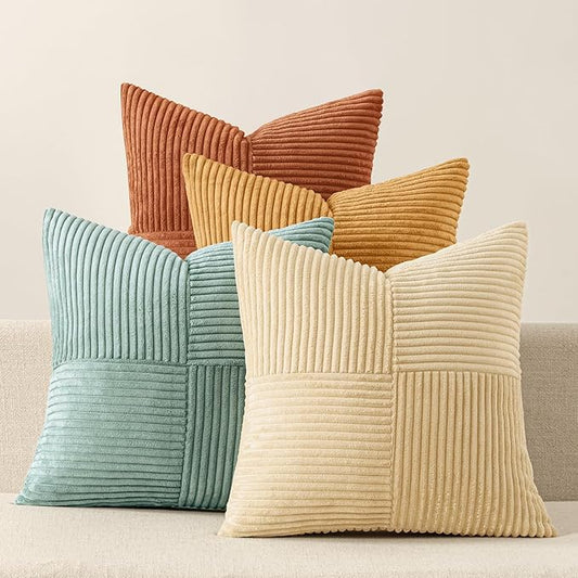 MIULEE Boho Farmhouse Fall Decorative Throw Pillow Covers 18x18 Inch 4 Packs Soft Vintage Pillow Cases Modern Corduroy Patchwork Cushion Covers for Couch Sofa Bed Home Decor, Teal-Rust