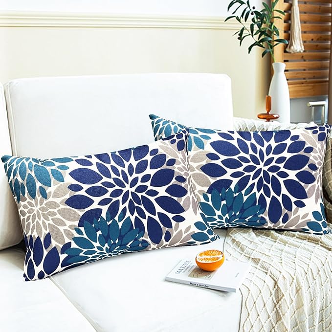 Decorative Throw Pillow Covers Set of 2 Blue Pillow Covers 12x20 Inch Couch Pillow Covers for Sofa Living Room Outdoor Throw Pillow Cover Linen Square Floral Flower Farmhouse Pillowcase