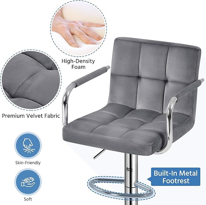 Yaheetech Velvet Bar Stools Set of 4, Adjustable Barstools with Armrest, Counter Height Stool Chairs with Thickened Seat Cushion for Kitchen Island, Dark Grey