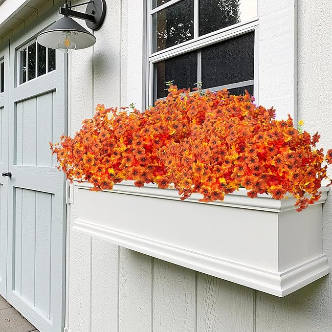 16 Bundles Artificial Fall Flowers for Outdoors Fake Plants UV Resistant Plastic Plants Shrubs Bushes for Home Fall Front Door Porch Garden Autumn Decor (Fall Orange)