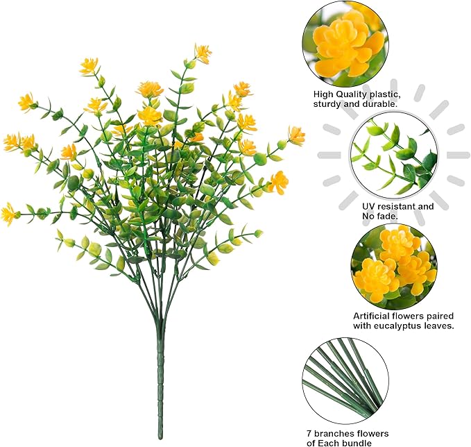 Ivydale Artificial Fall Flowers Plants Fake Mums for Autumn Outdoors Decoration, 12 Bundles Faux Plastic Daisy UV Resistant Greenery Bushes Shrubs for Home Porch Patio Garden (Yellow)