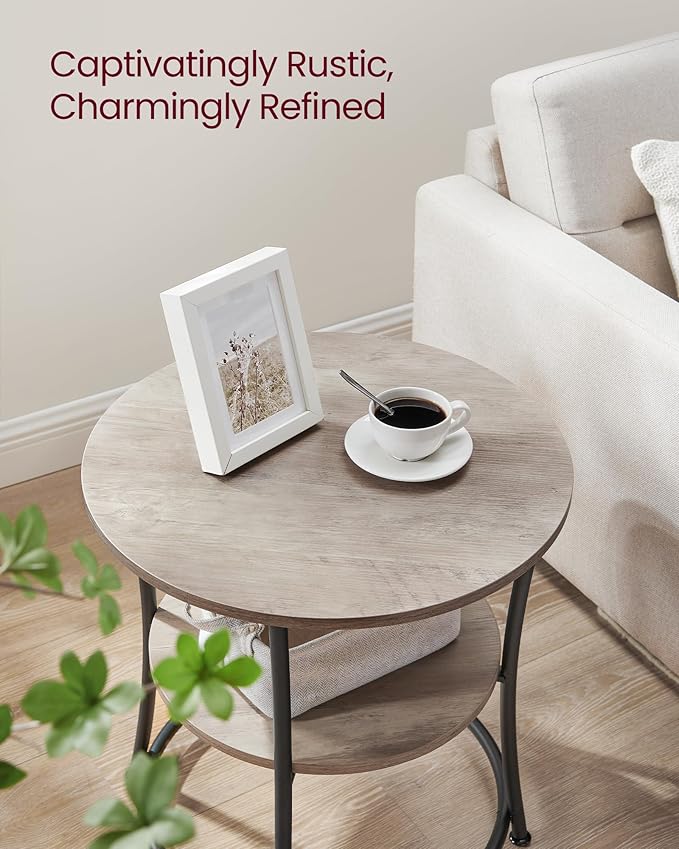 VASAGLE Side Table, 2-Tier Round End Table, Nightstand with Steel Frame for Small Spaces, Living Room, Bedroom, Heather Greige and Ink Black