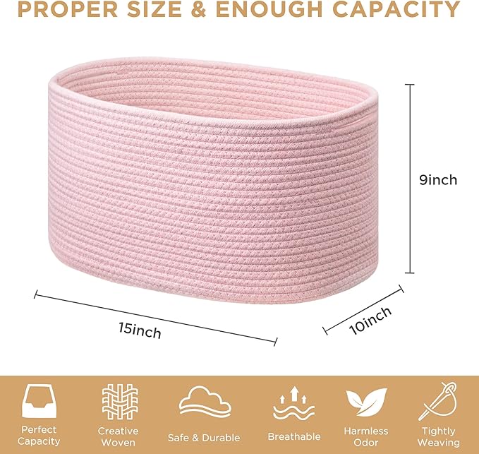 UBBCARE 3-Pack Woven Rope Shelf Baskets - 15x10x9in Decorative Storage Basket for Toys, Kids Playroom, Closet Organization & Cube Storage Organizer | Gift Basket Empty, Pink