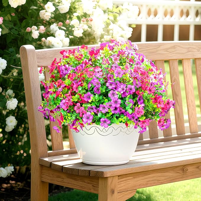 Artificial Flowers for Outdoors,Faux Flowers Daisy with Eucalyptus Leaves for Indoor Garden Home Decoration,UV Resistant Artificial Flower Fake Plants for Porch Patio, 12 Bundles (Purple Pink)