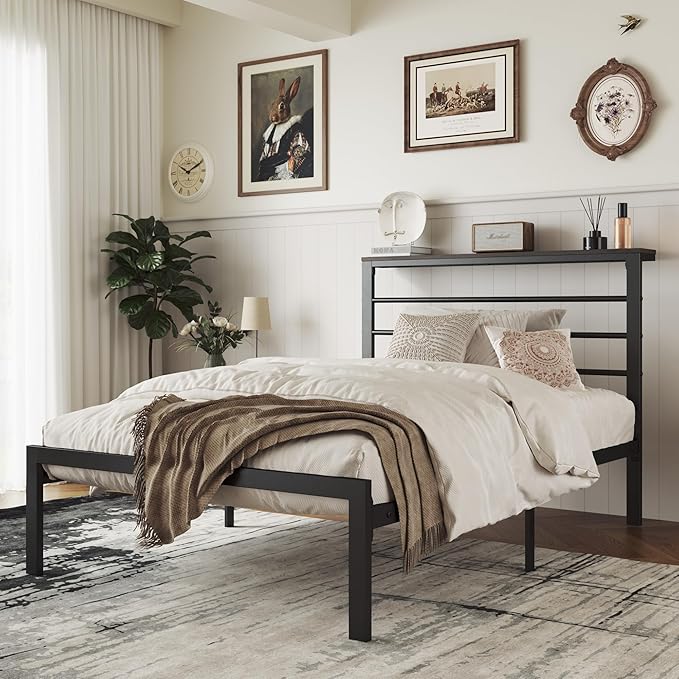 MUTICOR Twin Size Metal Platform Bed Frame with Shelf Headboard, No Box Spring Needed, Easy Assembly, Black Shelf