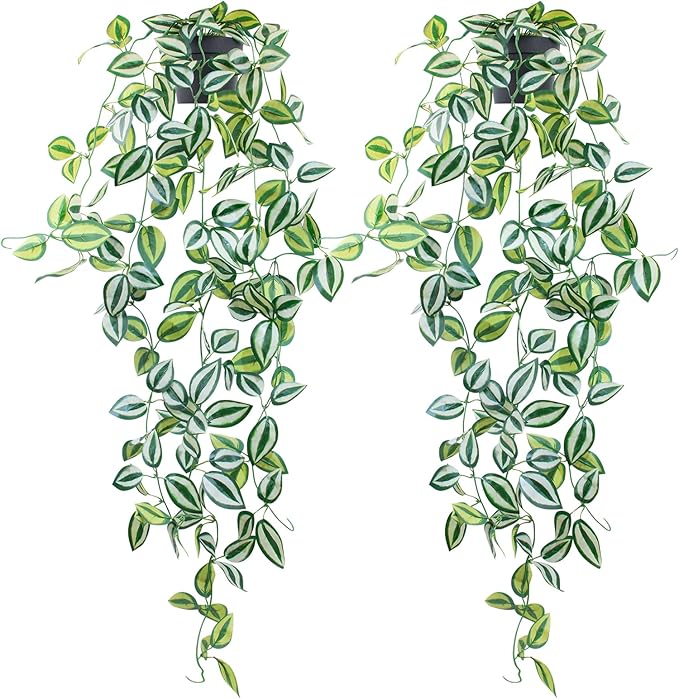 LOYWREE 2 Pack Fake Hanging Plants - Small Potted Plants with Green Eyebrow-Leaf Trailing Vines, Indoor Outdoor Aesthetic Decor for Office, Living Room Shelf & Home Accent (Black Pot)