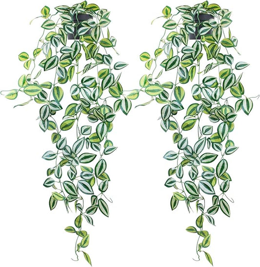 LOYWREE 2 Pack Fake Hanging Plants - Small Potted Plants with Green Eyebrow-Leaf Trailing Vines, Indoor Outdoor Aesthetic Decor for Office, Living Room Shelf & Home Accent (Black Pot)