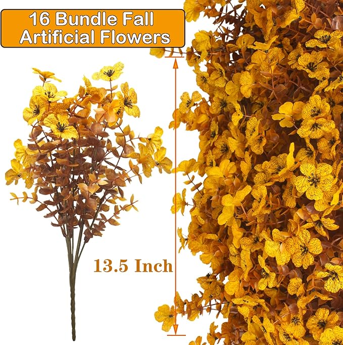 16 Bundles Artificial Fall Mums Outdoor UV Resistant, Fake Silk Plants No Fade Faux Greenery for Garden Porch Patio - Autumn Thanksgiving Christmas Home Decor (Fall Yellow)