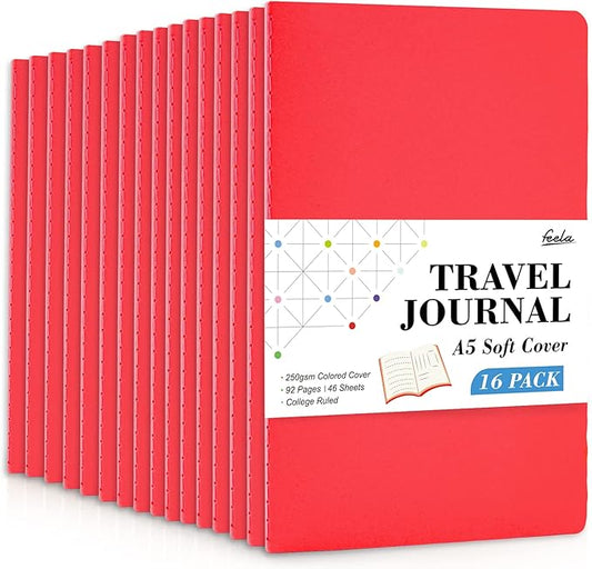 16 Pack Soft Cover Journal Bulk, Feela Lined Notebooks College Ruled for Work for Women Girl Writing, Blank Travel Journal Note Taking Notebook School Business Supplies, 8.2” x 5.5”, A5, Red