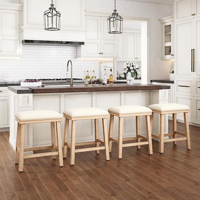 PHI VILLA Bar Stools - Solid Wood Legs Counter Height Barstools with Upholstered Saddle Seat, 24 inch Kitchen Counter Island Stools