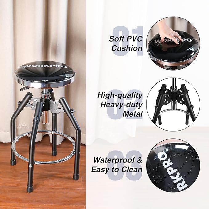 WORKPRO Heavy Duty Adjustable Hydraulic Shop Stool,Garage Bar Stool, 29in to 33.86in, 330-Pound Capacity, Black