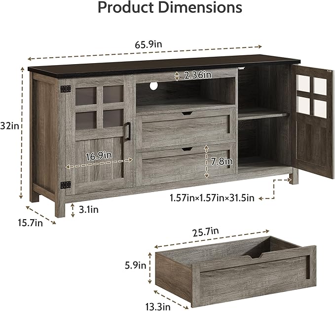 Farmhouse TV Stand for 65 Inch TVs, Entertainment Center with Adjustable Shelves, 2 Barn Doors and Drawers, Storage Media Cabinet for Living Room or Bedroom - Grey