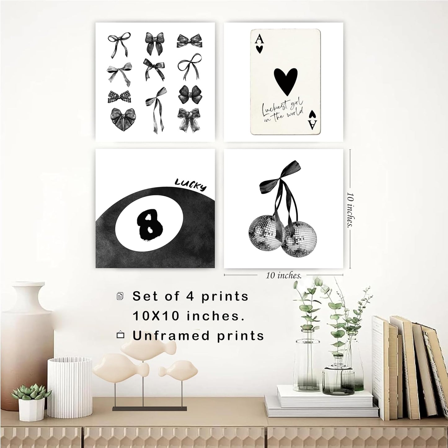 okaxscm Black Coquette Trendy Preppy Wall Art Prints Set of 4,Coquette Room Decor,Preppy Room Decor Aesthetic, Black Bow Disco 8 Ball Cherry Wall Decor Posters for Girls Bedroom Dorm, 10x10 Unframed