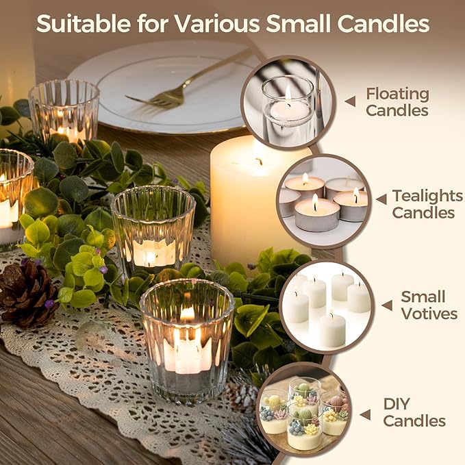 ComSaf Votive Candle Holders, 12 PCS Glass Candle Holders, Ribbed Tealight Candle Holder for Table Centerpieces, Clear Candle Holder for Wedding, Home Decor, Party, Baby Shower, Special Occasions