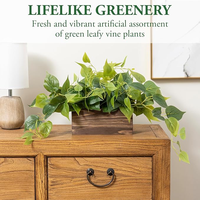 MyGift Vibrant Lifelike Artificial Plant Pothos Leafy Vine Greenery in Burnt Brown Solid Wood Rectangular Planter Box with Black Metal Wire Wall Mounted Shelf