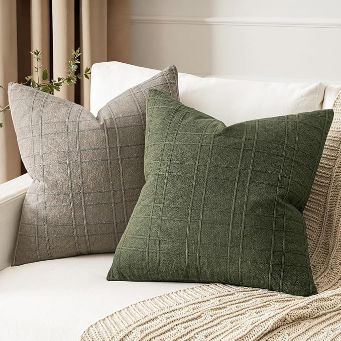 MIULEE Decorative Linen Check Throw Pillow Covers Neutral Farmhouse Vintage Christmas Pillow Covers 20x20 Set of 2 Boho Modern Home Decor for Sofa Couch Bedroom Cushion Dark Olive Green