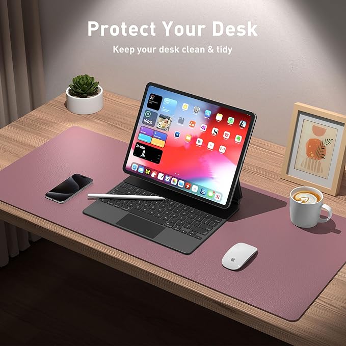 Aothia Leather Office Desk Mouse Pad Protector, Non-Slip PU Leather Laptop Desk Blotter/Mat, Waterproof Writing Pad for Office and Home, Dark Pink, 23.6" x 13.7"