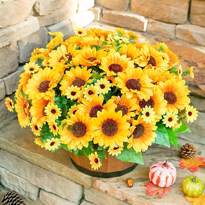 Sunflowers Artificial Flowers, 10 Bunches Fake Sunflower Artificial Flowers for Outdoors Fall Autumn Decoration Look Real UV Resistant Fake Flowers for Home Porch Garden Wedding Party Office Indoor