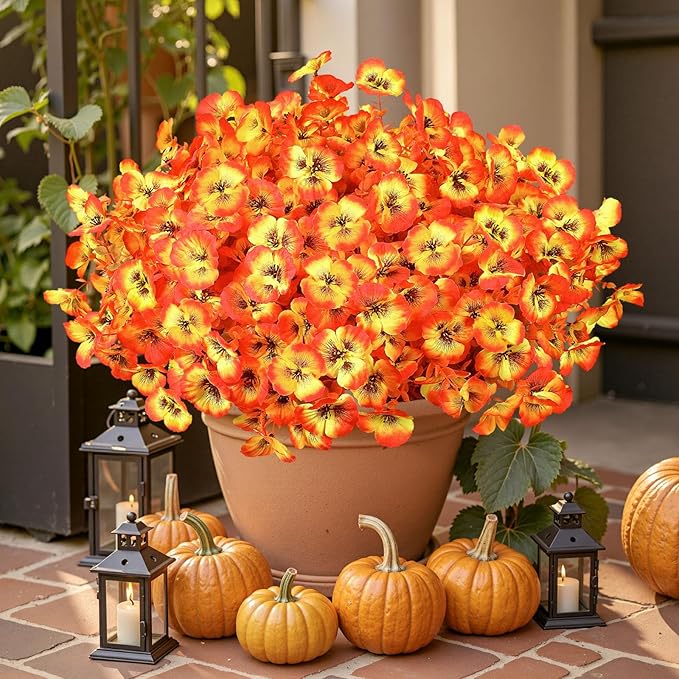 6 Bundles Artificial Fall Flowers for Outdoors Autumn Decorations, Fake Big Pansies Silk Plants UV Resistant Realistic Faux Flowers Plants for Planter Porch Patio Window Decor, Autumn Orange