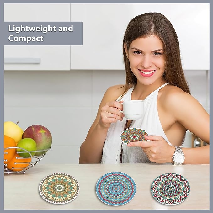 Drink Coasters Set of 6 with Holder,Mandala Boho Flower Absorbent Ceramic Coasters with Cork Base,Fit All Cups,Tabletop Protection Mat for Mugs and Cups,Office,Kitchen