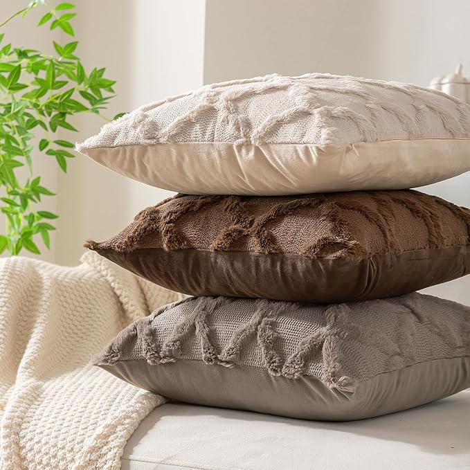 Set of 2 Soft Moroccan Throw Pillow Covers 18x18 Inch Plush Boho Decorative Pillow Cover Accent Cushion Case for Couch Sofa Bed, Deep Brown