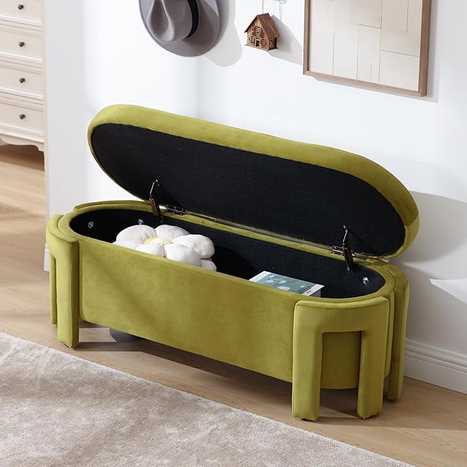 Modern Velvet Ottoman with Storage Entryway Bench for Living Room Comfy Upholstered End of Bed Bench with Safty Hinge for Bedroom/Living Room/Lounge/Corner, Olive