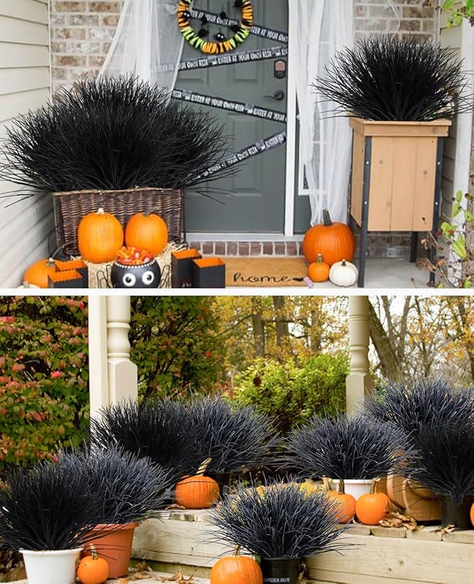 Fake Black Plants,Artificial Grass Fake Plants Outdoor Plants UV Resistant Black Greenery Stems Fake Grass Halloween Plants for Window Garden Patio Pathway Front Porch Halloween Décor 12Pcs(Black)