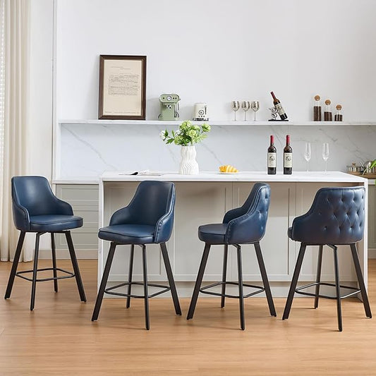 Bar Stools Set of 4, 26" Swivel Counter Height Bar stools with High Back, Faux Leather Kitchen Barstools Counter Height for Kitchen Island (Navy Blue, 4PCS 26" Counter Stools)