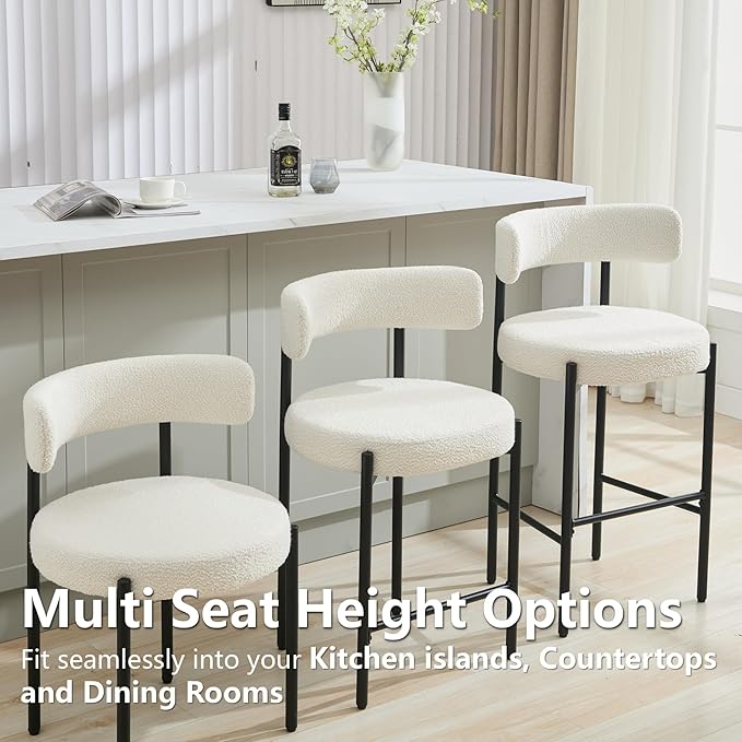 24'' Boucle Bar Stools Set of 3, Beige Bar Stools with Backs, Counter Height Bar Height Stools for Kitchen Island, Upholstered Bar Chairs (Beige)