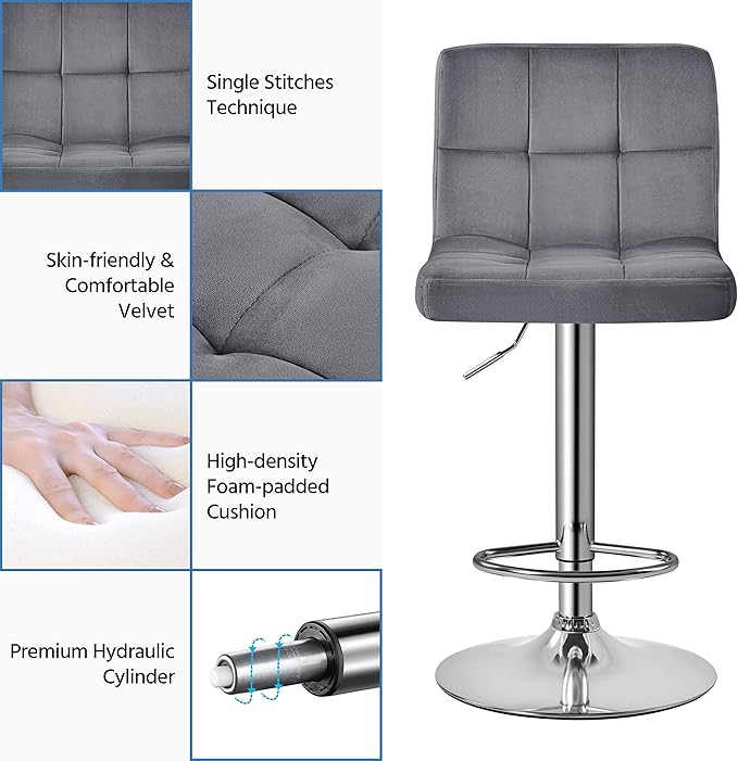 Yaheetech Bar Stools Set of 4, Velvet Fabric Swivel Barstools, Height Adjustable Counter Chairs, Modern Stools with Back for Bar Kitchen Island Dining Room, Dark Grey