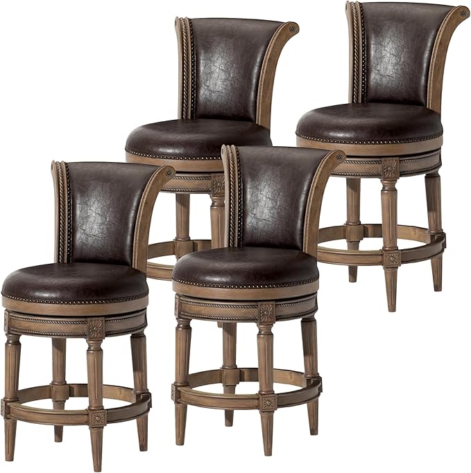 Maven Lane Pullman Counter Stool 26 Inches – Set of 4 – Swivel Stools with Footrest – Brown Solid Wood Frame & Beige Faux Leather Upholstery – Perfect for Kitchen Islands & Counters